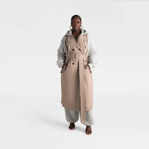 KBB by KAHLANA Women's 'The Sweatshirt Trench Coat' - Khaki/Heather Gray M New - Picture 3 of 5